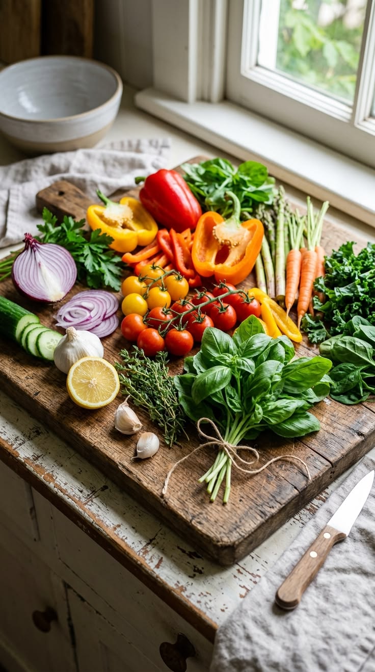 Fresh vegetables and whole grains arranged on a wooden board for meal planning